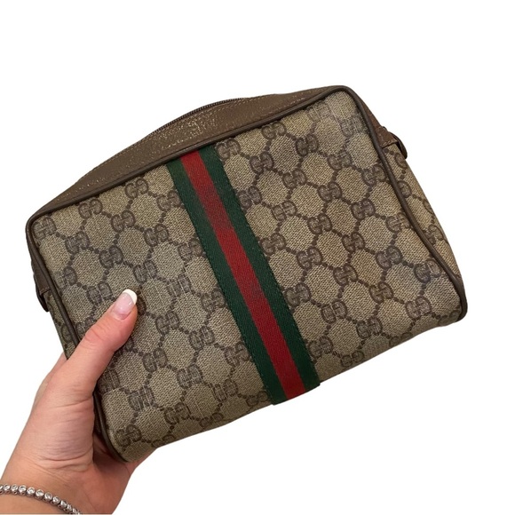 Vintage signature canvas toiletry bag pouch clutch 60s 70s red green stripe - Picture 15 of 16